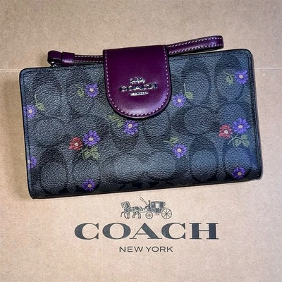 COACH Phone Wallet CM838 Country Floral Print Graphite/Deep Berry AUTHENTIC NWT - Image 1 of 4