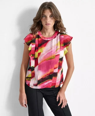 DKNY Women's Top Sz L Textured Pleated Flutter-Sleeve - Image 1 of 4