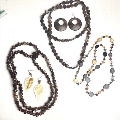 Lote De 3 Collares Largos Boho Imitación Madera Cuentas 2 Pendientes Tropicales Capas Vacay Foto 1 de 4