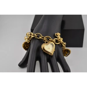 Betsey Johnson goldfarben Leopard Punkte Herz Uhr Bettelarmband - Bild 1 von 4
