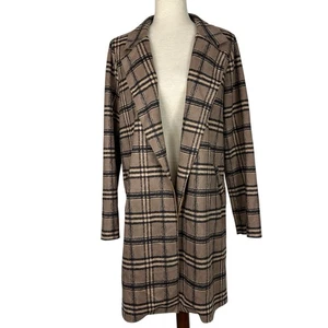 Potters Pot Coat Women Large Brown Plaid Long Open Front Coatigan Preppy Classic - Picture 1 of 14