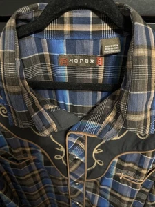 Roper Mens 2 XL Black Gold Plaid Black Snap Long Sleeve Shirt Horseshoes - Picture 1 of 9