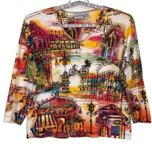 Chicos City Scape Top Colorful Print Size 2 Large Artsy Graphic Vintage - Picture 1 of 8