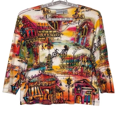 Chicos City Scape Top Colorful Print Size 2 Large Artsy Graphic Vintage - Image 1 of 4