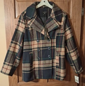 *NWT* Larry Levine Saddle Plaid Women's Pea Coat Size L - Picture 1 of 8