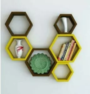 Estante de pared hexágono, conjunto de 6 estantes de pared hexágonos amarillo y marrón decoración del hogar/oficina - Imagen 1 de 7