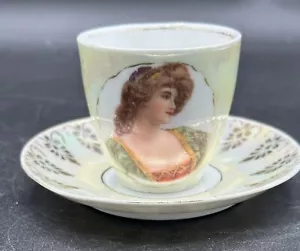 Antique Lusterware Portrait Of A Lady Demitasse Cup And Saucer Unmarked Green - Picture 1 of 12