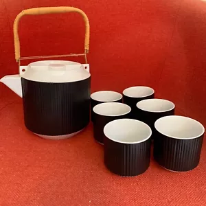 Vintage OMC Japan Keramik Saki Teeservice Teekanne mit Rattan Griff 6 Tassen MCM - Bild 1 von 10