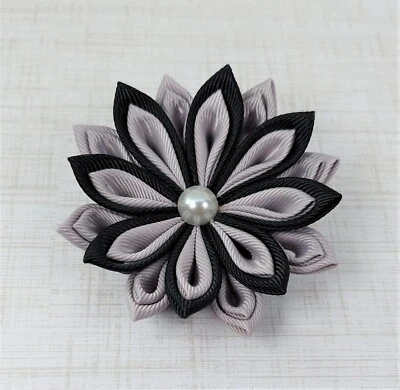 Silver black fabric flower hair clip. Kanzashi hair pin. Boho floral hair clip. - Image 1 of 4