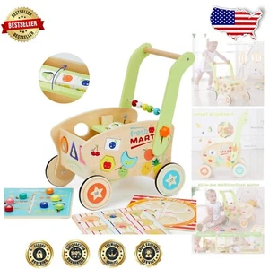 7-in-1 Adjustable Wooden Baby Walker & Shape Sorting Shopping Cart for Toddlers - Picture 1 of 10