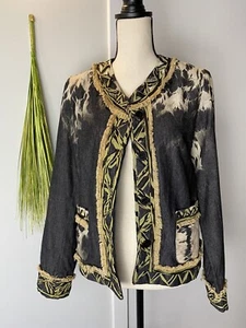 One of a Kind Womens Blazer Small Denim African Design Jacket Fringe Pockets - Picture 1 of 11