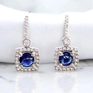 1.42CT 14K White Gold Natural Vivid Blue Sapphire & Diamond Halo Drop Earrings - Picture 1 of 2