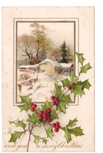 Wish You A Merry Christmas, Winter Rural Scene, Embossed Holly, Antique Postcard - Bild 1 von 2