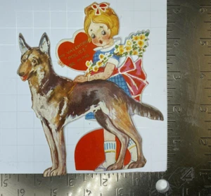Valentinstag viktorianische gestanzte Grußkarte Deutscher Schäferhund Mädchen Herzen Blume - Bild 1 von 2