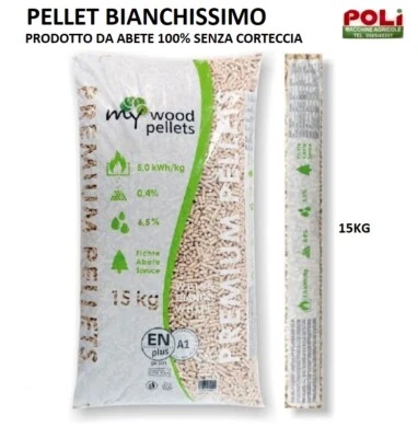 PELLET ABETE 100% SACCO DA KG.15 PELLET MY WOOD CERTIFICATO A1 BIANCO LATTE
