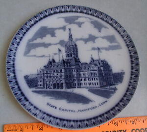 Vintage England Flow Blue Plate State Capitol Hartford,CT Victorian Building