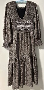 Decuba Size 12 Reversible Neckline Small Animal Print Gathered Bodice Midi Dress