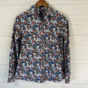 Lands End Womens No Iron Supima Floral Blouse Sz 6T Teal Red Button Front Collar - Picture 1 of 6