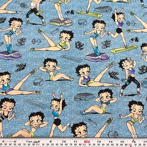 Vintage Betty Boop Workout Jazzercise Blue Cotton Fabric Remnant 23" x 44" - Picture 1 of 2