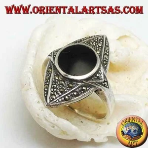 Anillo de Plata 925‰ Rombo en La Elipse Tachonado De Marcasita Con Ónix - Imagen 1 de 5