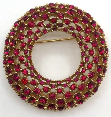 Broche corona circular vintage Ciner rosa estrás MCM 1950 Navidad Estate Foto 1 de 4