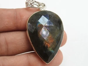 Christmas Gift Labradorite Brass Pendant Faceted Cabochon Multi Fire Jewelry - Picture 1 of 9