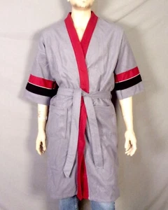 vintage 60s 70s ROBEMAKERS permanent press Shiny Gray Red Velour Robe Belted OS - Picture 1 of 3