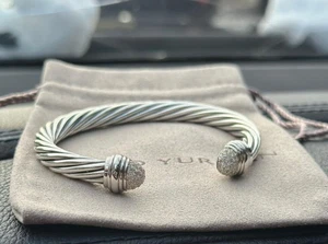 David Yurman 7mm Cable Bracelet & Sterling Silver W/ PAVE DIAMONDS MEDIUM - Picture 1 of 6