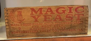Antique 1912 Magic Yeast Owl & Moon Wood Advertising Country Store Box - 8 5/8" - Picture 1 of 7