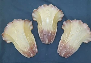 Set of 3 Art Deco Two Toned Leaf & Fire Torch Designed Glass Slip Shades - Picture 1 of 12