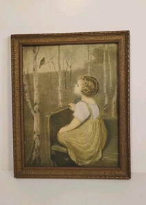 Antique 1920 framed pic by Simon Glucklich “Spring Song” Blind Girl & Bird 8x10 - Picture 1 of 7