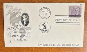UNITED STATES JAMES MONROE AUTHOR OF MONROE DOCTRINE FDC 1958 SC#1105 NSA - Picture 1 of 2