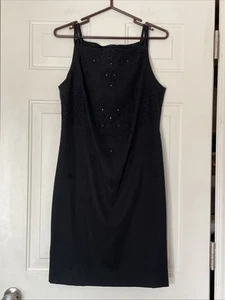 CDC Black Beaded Midi Cocktail Party Dress Square Neck Size 10 EUC Vintage 90’S - Picture 1 of 10