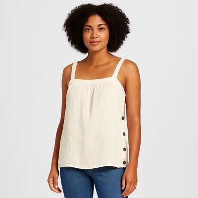 Camiseta sin mangas UNIVERSAL THREAD mezcla de lino botón lateral crema informal para mujer M Foto 1 de 4