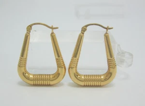 STUNNING 18K YELLOW GOLD RECTANGLE HOOP DANGLE (1-1/8") EARRINGS 2.8G - Picture 1 of 7