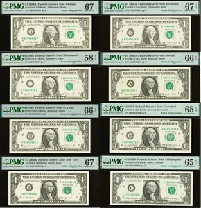 8 Matching Radar Serial Numbers - 1969B, 1977, 1988A $1 FRN PMG 67EPQ 62644626 - Picture 1 of 17