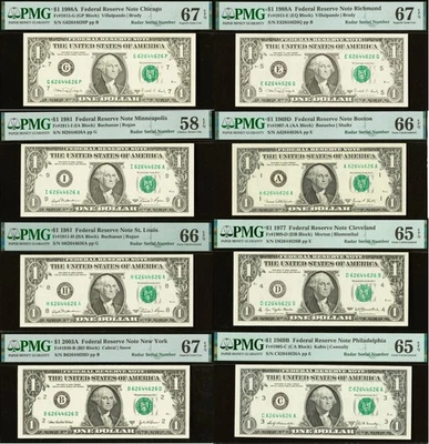 8 Matching Radar Serial Numbers - 1969B, 1977, 1988A $1 FRN PMG 67EPQ 62644626 - Image 1 of 4