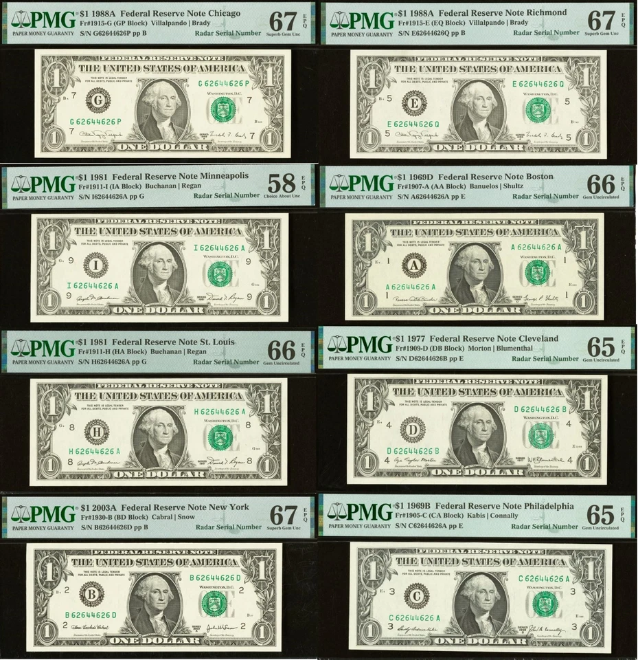 8 Matching Radar Serial Numbers - 1969B, 1977, 1988A $1 FRN PMG 67EPQ 62644626 - Image 1 of 4