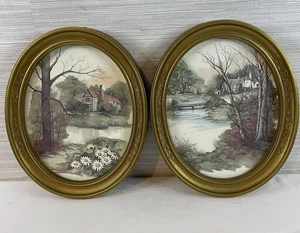 Homco gerahmte Drucke oval 2er Set Gold Landschaft Landhaus Oma Chic Oma - Bild 1 von 7