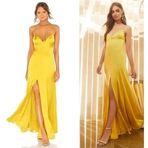 Maxi Vestido Bermudas Lovers + Friends Pequeño Amarillo Satinado Noche Formal Glamour - Imagen 1 de 11