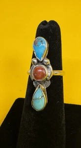 Native American Red Coral & Turquoise, Old Pawn, Ring Sz 6 In 925 Silver - Picture 1 of 8