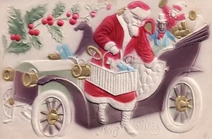 Merry Christmas Heavy Embossed Sant Getting Out of Car Vintage Santa Postcard - Picture 1 of 2
