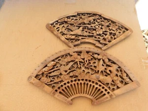 Pair Antique Chinese Hand Carved Birds Fan Shape Wood Wall Art Stamped - Picture 1 of 20