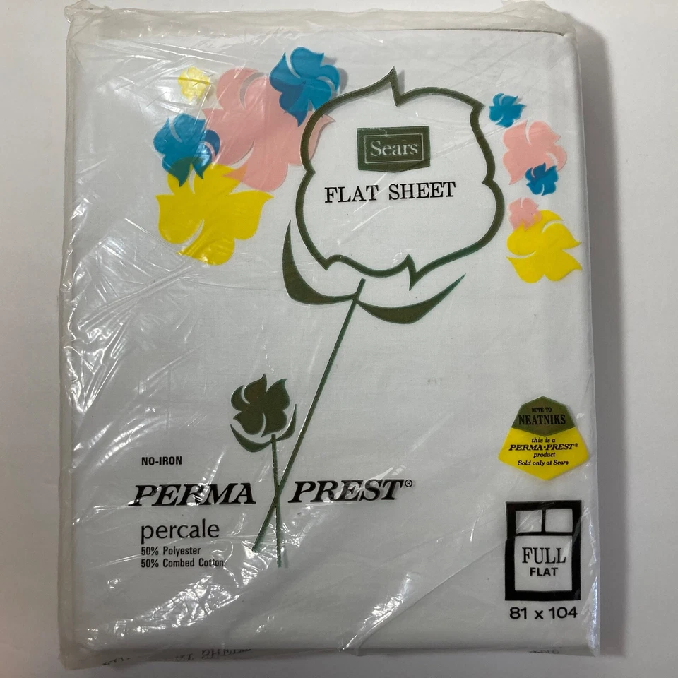 Vintage Sears Full Flat Sheet White Perma Press 6948F No Iron 81 Percale
