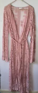 Rose Velvet Sheer Lace Pink Robe Kimono Duster Bell Sleeve Cotton Blend One Size - Picture 1 of 12