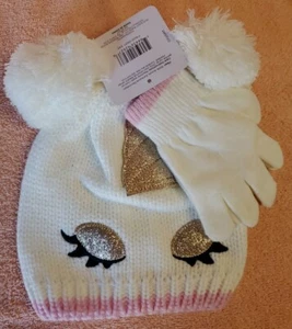 Girls Unicorn Glitter Hat & Gloves Set Pink White Kids Children NEW  - Picture 1 of 5