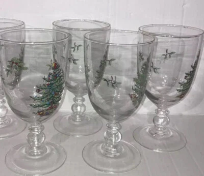 Spode Christmas Tree 16 Oz Pedestal Wine Water Goblets with Gold Rims Set of 4 - Image 1 of 4