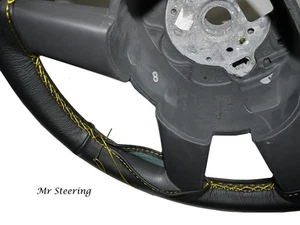 BLACK LEATHER STEERING WHEEL COVER FITS 1977-1987 VOLVO F10 F12 YELLOW STITCHING - Picture 1 of 3