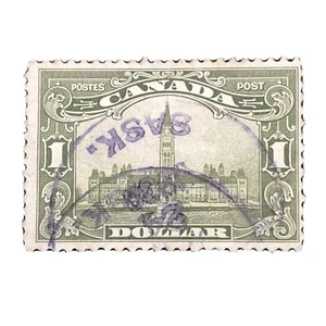 CANADA, SCOTT # 159, $1.00 VALUE OLIVE GREEN PARLIAMENT BUILDING 1929 ISSUE USED - Picture 1 of 3