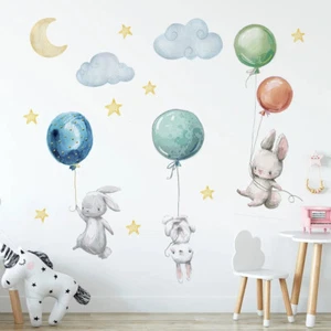 Wall sticker decor self adhesive rabbits balloons stars cloud sky kids bed room - Picture 1 of 7